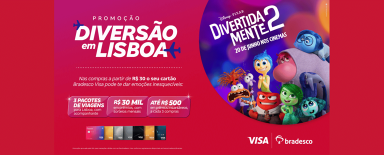 Bradesco e Visa levarão clientes para Portugal em promoção temática do filme Divertida Mente 2 da Disney e Pixar, que estreia nos cinemas em junho