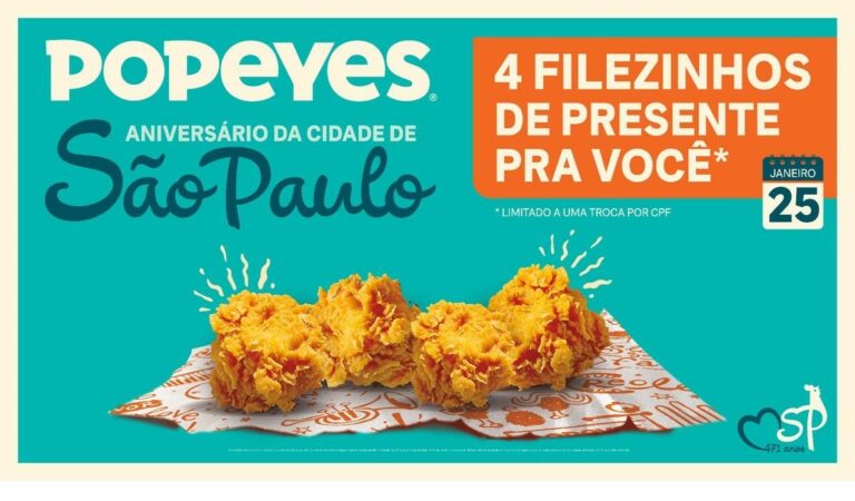 Popeyes® distribuirá Filezinhos de frango grátis neste domingo, aniversário da cidade de São Paulo