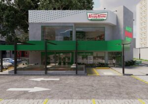 Maquete 3D da nova loja Krispy Kreme na Avenida Bandeirantes em São Paulo, inauguração prevista para maio de 2026