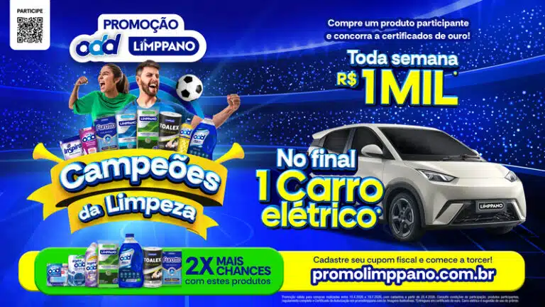 Promoção Campeões da Limpeza da ODD e Limppano com sorteios semanais de R$1 mil e carro elétrico como prêmio final em julho de 2026