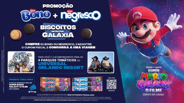 Nestlé anuncia promoção “Biscoitos de Outra Galáxia” com Bono e Negresco em parceria com Nintendo e Illumination, celebrando a chegada de Super Mario Galaxy – O Filme