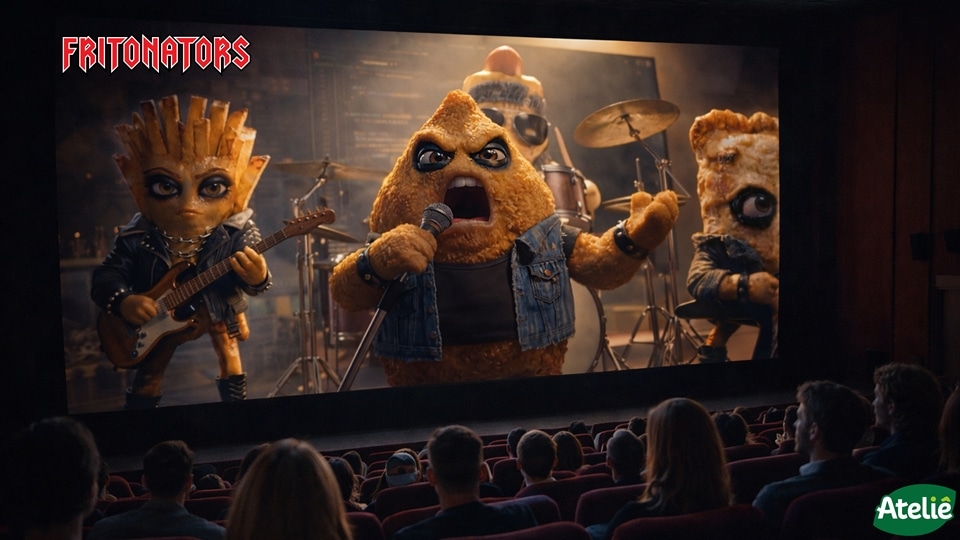 ampanha Fritonators da Ateliê criada pela Inkuba com banda de rock produzida por IA para comunicar alimentos naturais, 2026