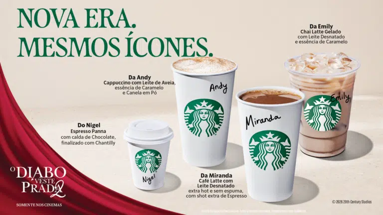 Bebidas em edição limitada da Starbucks inspiradas nos personagens de O Diabo Veste Prada 2 disponíveis no Brasil a partir de 28 de abril de 2026