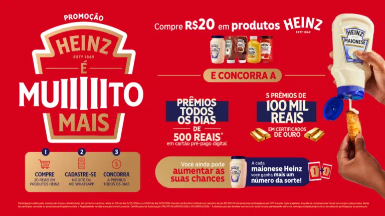 Heinz lança primeira promoção no Brasil Heinz é Muuuito Mais com prêmios diários de R$ 500 e cinco sorteios de R$ 100 mil em certificados de ouro