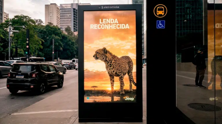 Ação de OOH interativo do Jeep Renegade criada pela Leo em abrigos de ônibus na Avenida Paulista e Faria Lima em São Paulo com telas que reagem à passagem do carro