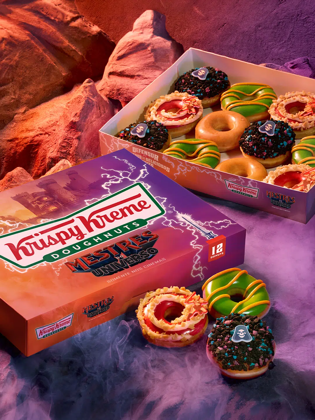 Krispy Kreme lança três donuts exclusivos de Mestres do Universo He-Man Crunch Esqueleto Double Chocolate e Gato Guerreiro disponíveis em São Paulo a partir de 26 de maio de 2026