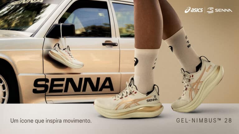 Coleção ASICS e Marca Senna 2026 com GEL-NIMBUS 28 Senna em tons champagne inspirado na Corrida dos Campeões de 1984 em Nürburgring