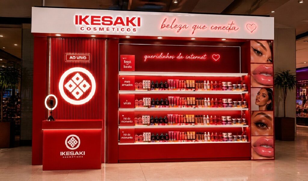 Espaço Ikesaki Ao Vivo primeiro hub fixo de live commerce de beleza dentro de loja física no Brasil inaugurado em 7 de maio de 2026 na Liberdade São Paulo