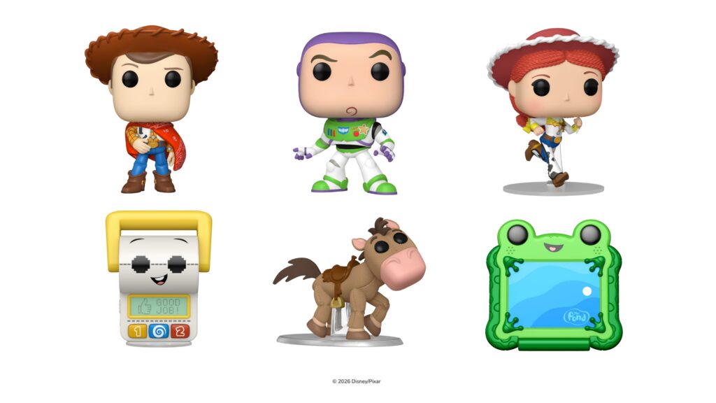 oleção de Funko Pop de Toy Story 5 com Woody Buzz Jessie Lilypad e Smarty Pants distribuída pela Candide no Brasil com estreia do filme em 18 de junho de 2026