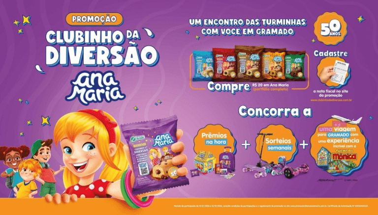 Conforme publicado pela Academia Brasileira de Marketing, Ana Maria celebra 50 anos com promoção Clubinho da Diversão em parceria com Turma da Mônica, oferecendo experiência exclusiva na Vila da Mônica em Gramado como grande prêmio.