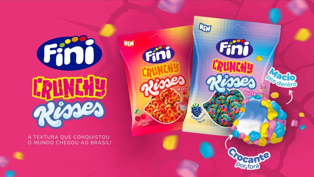 Fini lança Crunchy Kisses no Brasil com textura crocante por fora e macia por dentro em sabores Cereja Ácida e Framboesa em julho de 2026