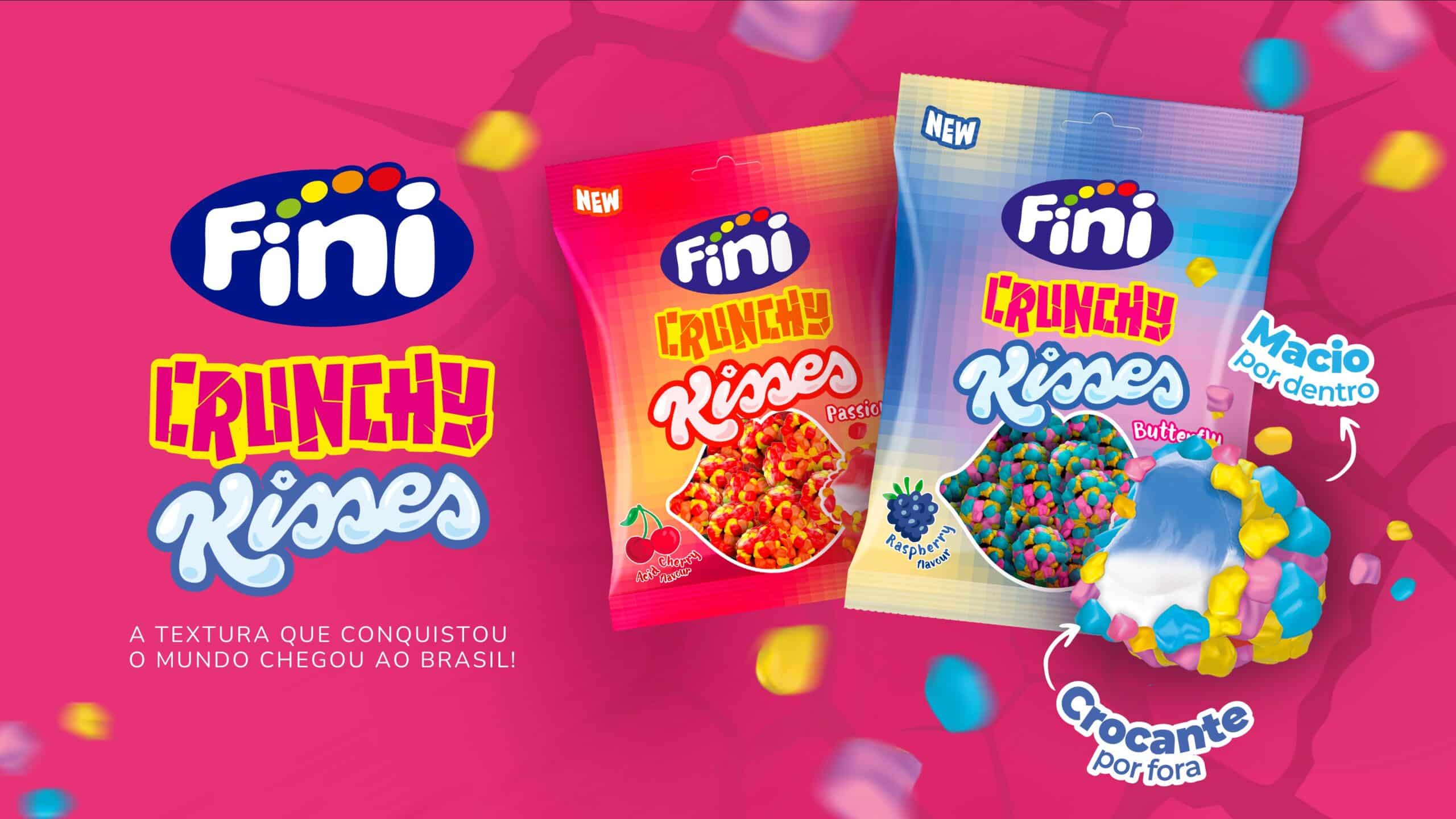 Fini lança Crunchy Kisses no Brasil com textura crocante por fora e macia por dentro em sabores Cereja Ácida e Framboesa em julho de 2026