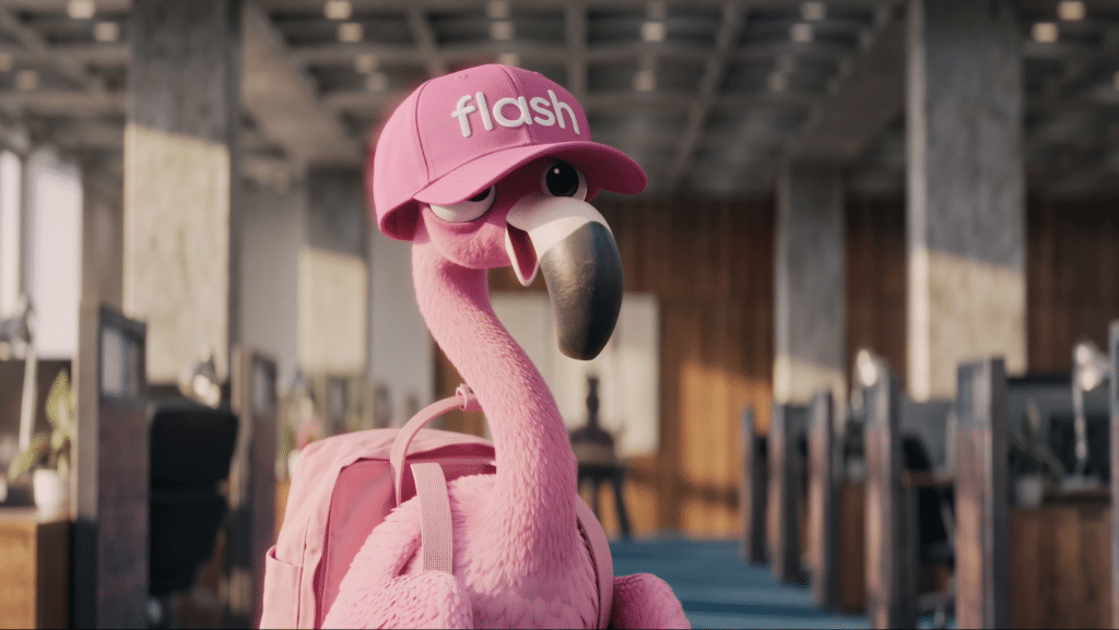 Mingo, o flamingo da Flash, na campanha "Comédias da Vida Corporativa"