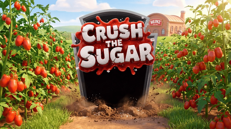 Tela do jogo Crush the Sugar, da Heinz Zero, com embalagem do ketchup em destaque
