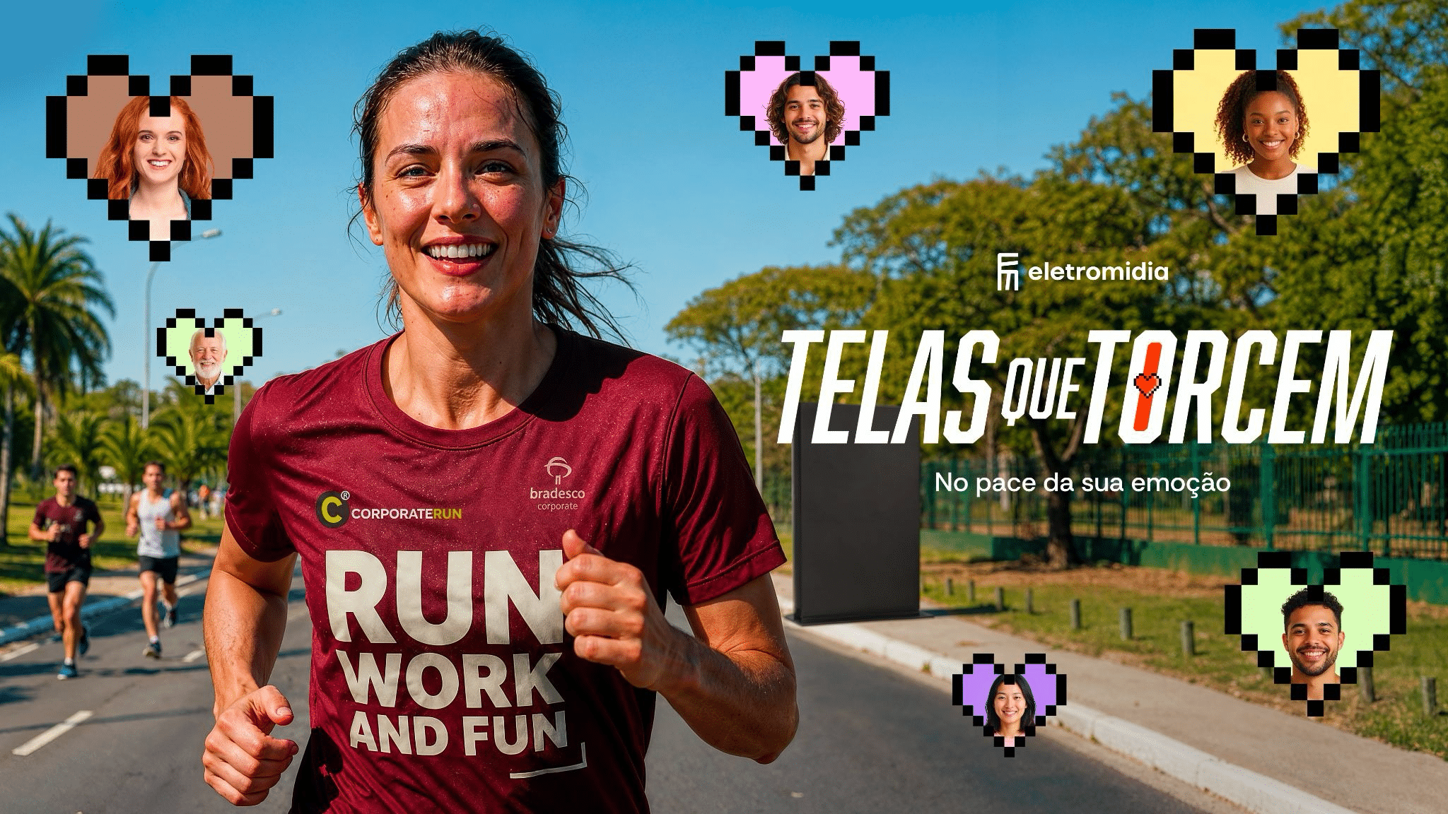 Painel digital da Eletromidia projetando recado de torcida na Corporate Run 2026