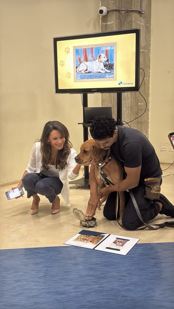 Mixirica, cão resgatado pelo Instituto Caramelo, estampa selo dos Correios