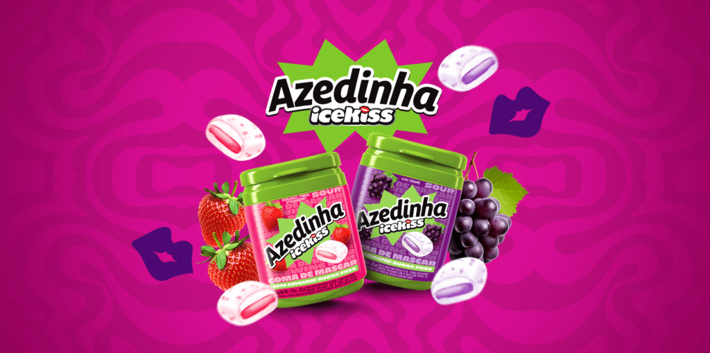 Embalagens de Icekiss Azedinha goma de mascar sabores morango e uva