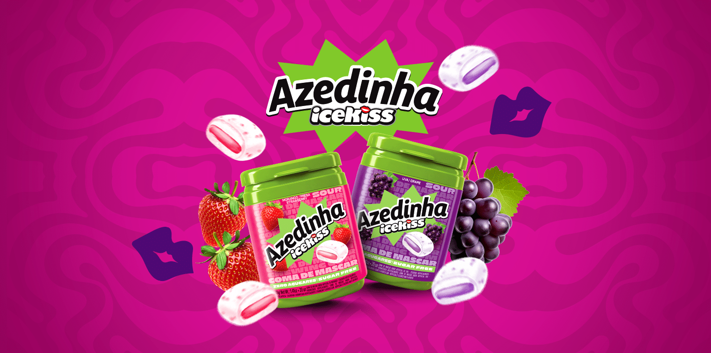 Embalagens de Icekiss Azedinha goma de mascar sabores morango e uva