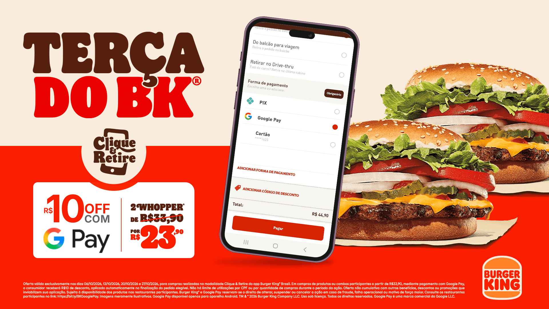 Burger King dá R$ 10 de desconto com Google Pay nas terças de outubro